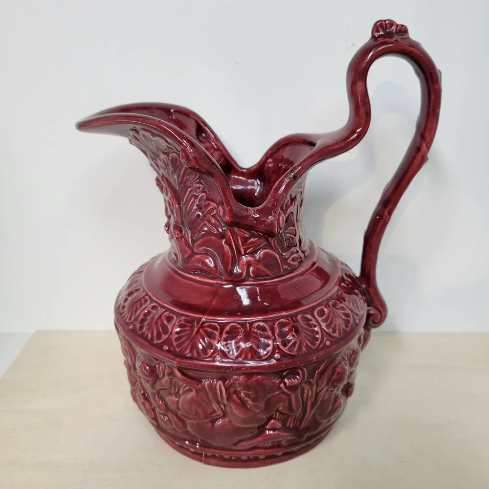 Vintage Burgundy Ceramic Pitcher Jug Relief Figures‎ Embossed Floral Design